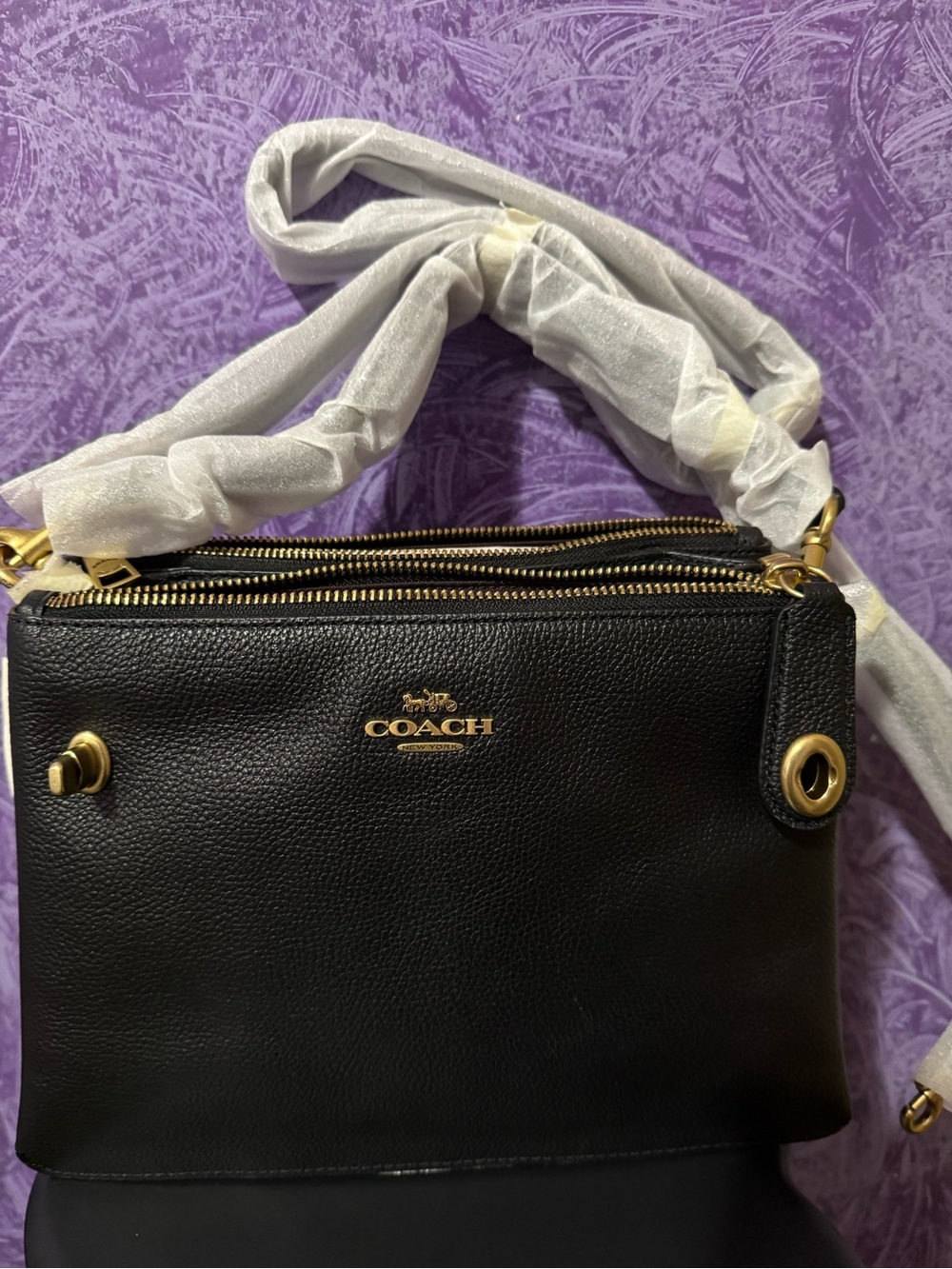 Coach Black Pebbled Leather Double-Zip Crossbody with Gold Hardware